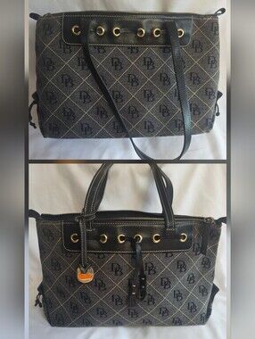 Authentic Dooney & Bourke DB Canvas Leather Tote Shoulder Bag Black Gray Large